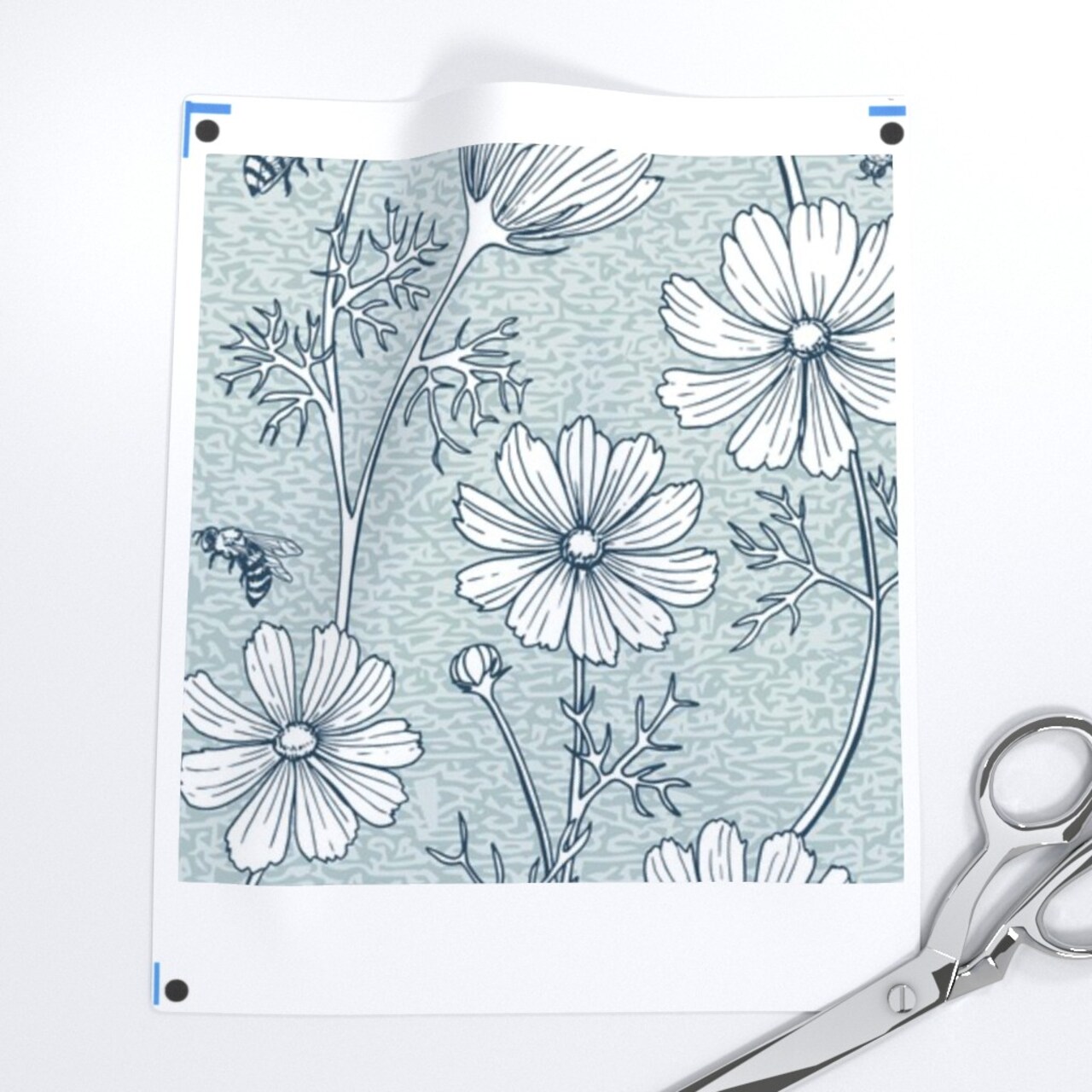 Bees And Flowers Blue Floral Hand Drawn Honey Bee Large Scale Custom Printed Fabric by Spoonflower Various Fabrics by the Yard or Fat Quarter